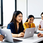 ** A diverse group of Thai professionals smiling and collaborating on a Google Docs document on their laptops in a modern office. The atmosphere is bright and productive. Google Workspace logo subtly visible.

**