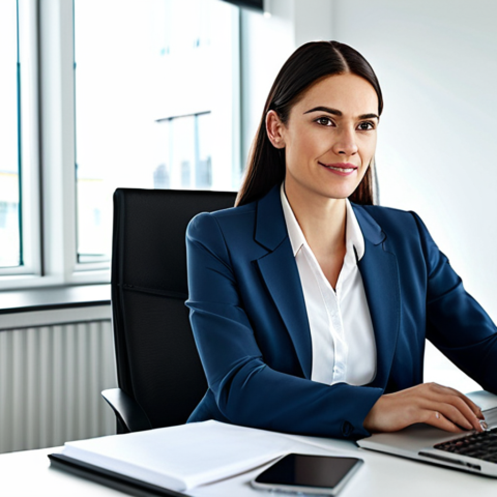 Professional Businesswoman**
A professional businesswoman in a modest business suit, sitting at a desk in a modern, bright office. She is working on a laptop. The scene is well-lit with natural light. Fully clothed, appropriate attire, safe for work, perfect anatomy, natural proportions, professional photography, high quality, family-friendly.
**