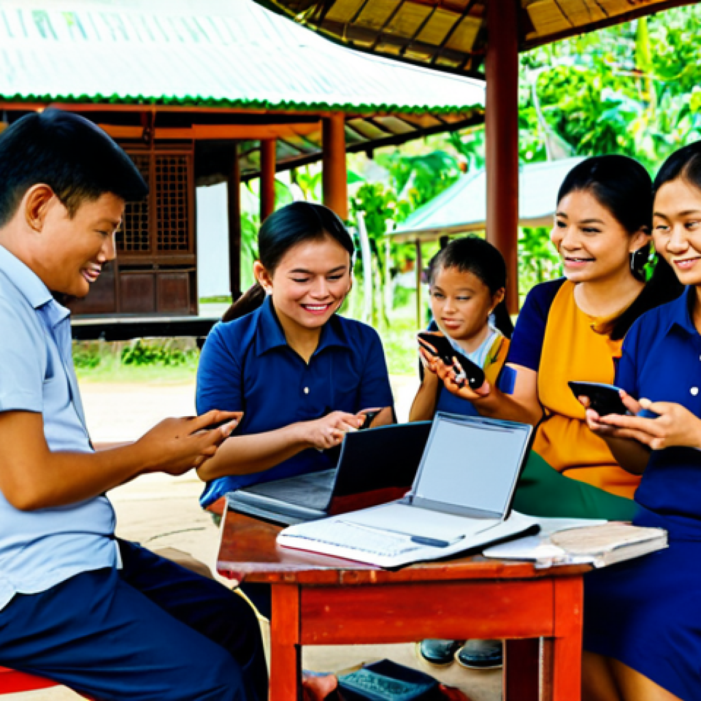 적시 학습 자원 활용을 위한 인재 개발 프로그램 - **Prompt:** A group of Thai villagers participating in a digital skills training workshop under a tr...