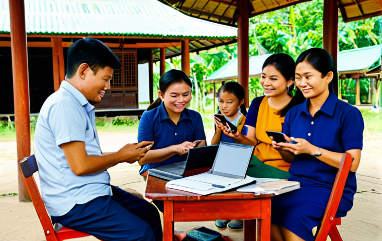 적시 학습 자원 활용을 위한 인재 개발 프로그램 - **Prompt:** A group of Thai villagers participating in a digital skills training workshop under a tr...