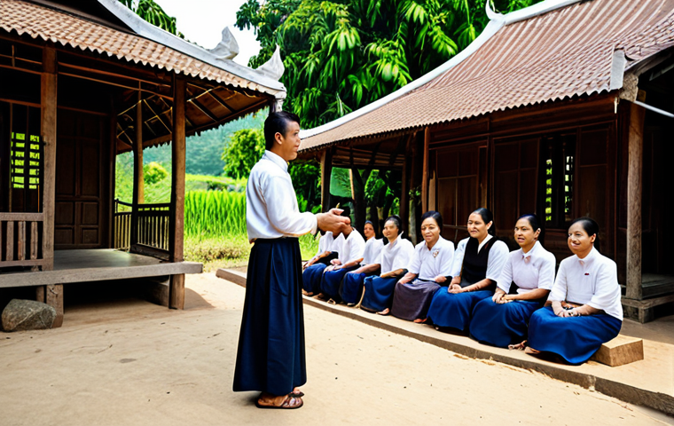 적시 학습 자원 활용을 위한 인재 개발 프로그램 - **Prompt:** A group of Thai villagers participating in a digital skills training workshop under a tr...