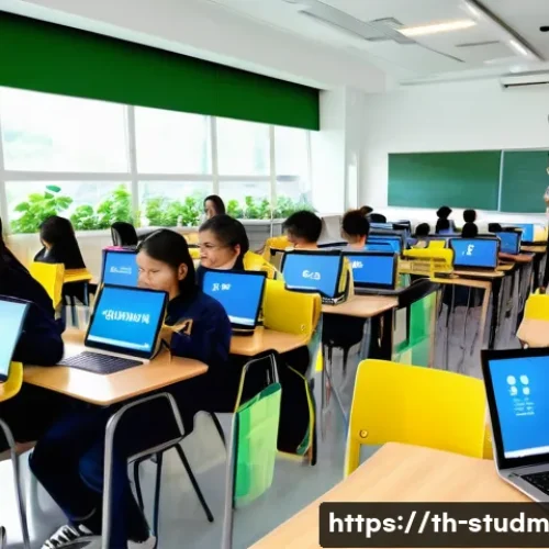Home 33 적시 학습 자원 활용에 대한 정책 제안 - A modern digital classroom setting in Thailand featuring diverse Thai students using tablets and lap...
