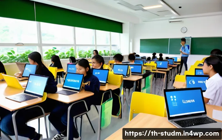 적시 학습 자원 활용에 대한 정책 제안 - A modern digital classroom setting in Thailand featuring diverse Thai students using tablets and lap...