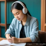Home 20 적시 학습 자원 활용에 대한 사용자 피드백 - A focused young Thai adult woman sitting comfortably at a wooden desk in a quiet, cozy room with sof...