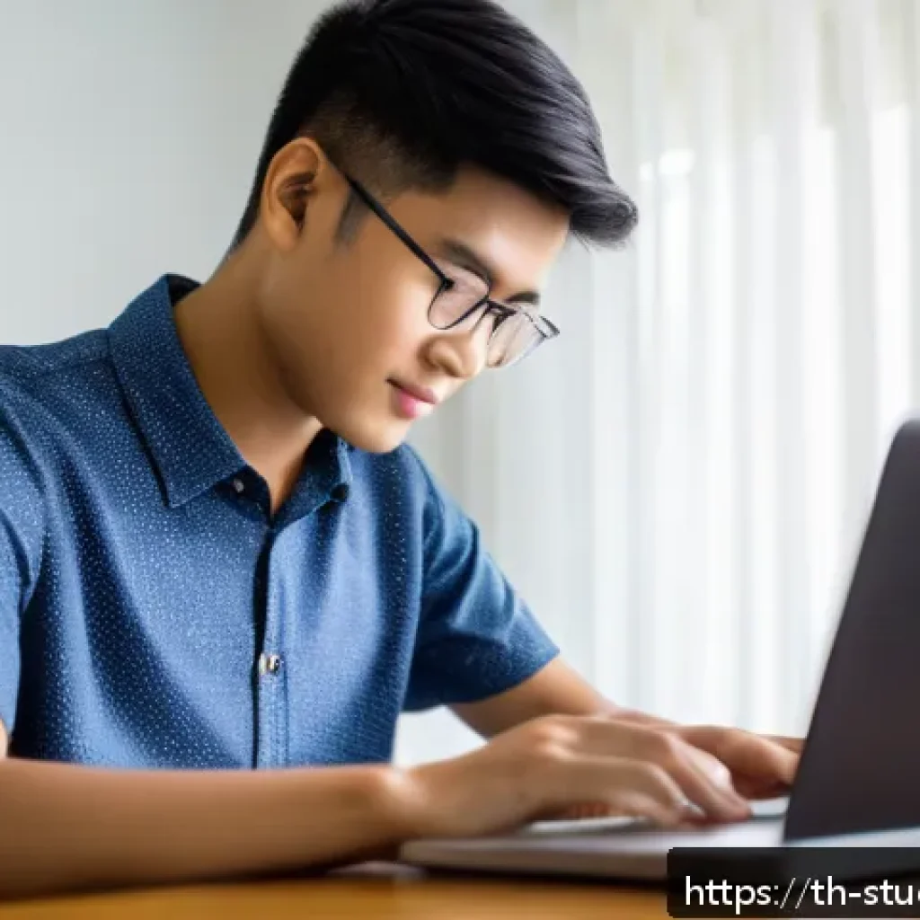 적시 학습 자원 활용의 혁신적 사례 - A modern home study environment in Thailand featuring a young adult using a laptop for an online cou...