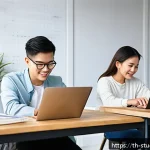Home 18 적시 학습 자원 플랫폼 비교 - A modern Thai online learning environment showcasing a diverse group of adult students studying on l...