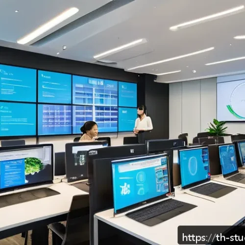 Home 29 적시 학습 자원 활용과 혁신의 관계 - A modern digital classroom scene in a Thai corporate office setting, featuring diverse young profess...