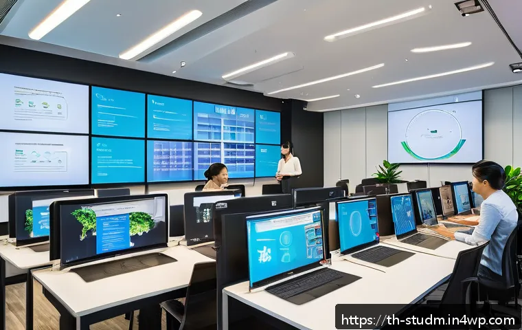 적시 학습 자원 활용과 혁신의 관계 - A modern digital classroom scene in a Thai corporate office setting, featuring diverse young profess...