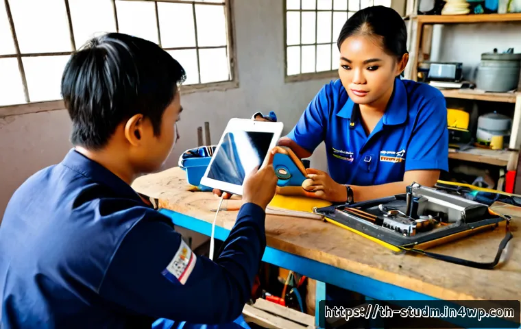 적시 학습 자원 활용의 글로벌 사례 비교 - Photorealistic Thai vocational trainee in a bright Bangkok workshop, using a tablet for a just-in-ti...